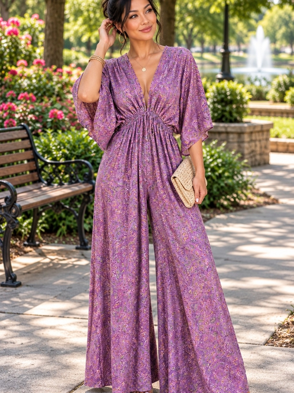 Floral Purple V-Neck Wide-Leg Jumpsuit